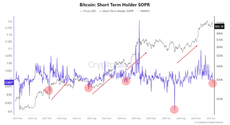 Bitcoin Short Term Holder SOPR chart with trends (en anglais)
